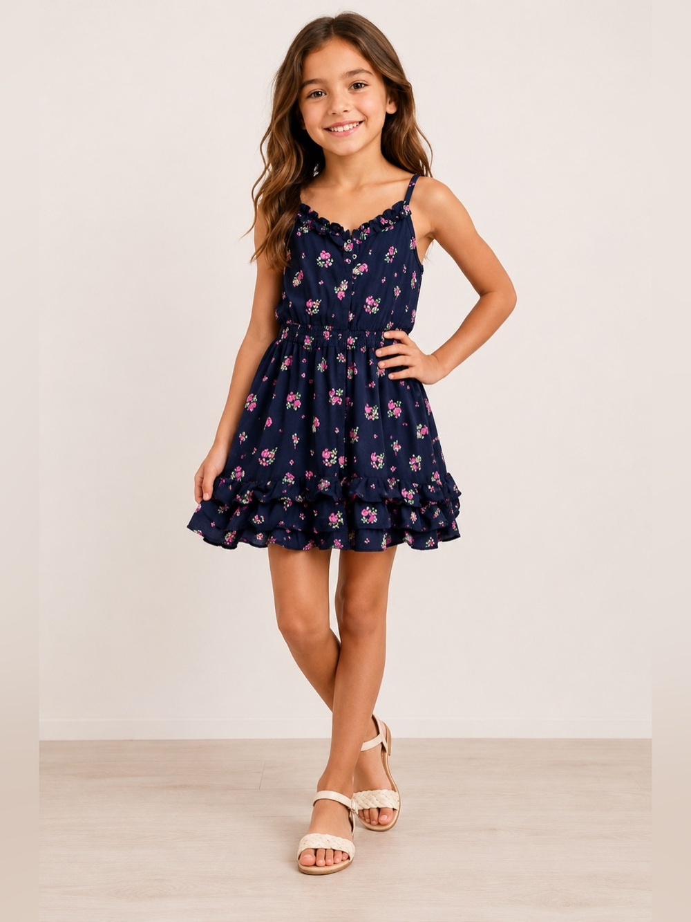 Cherokee Girls 7-8 Navy Floral Flare Dress Retro‎ Cottagecore Spring
